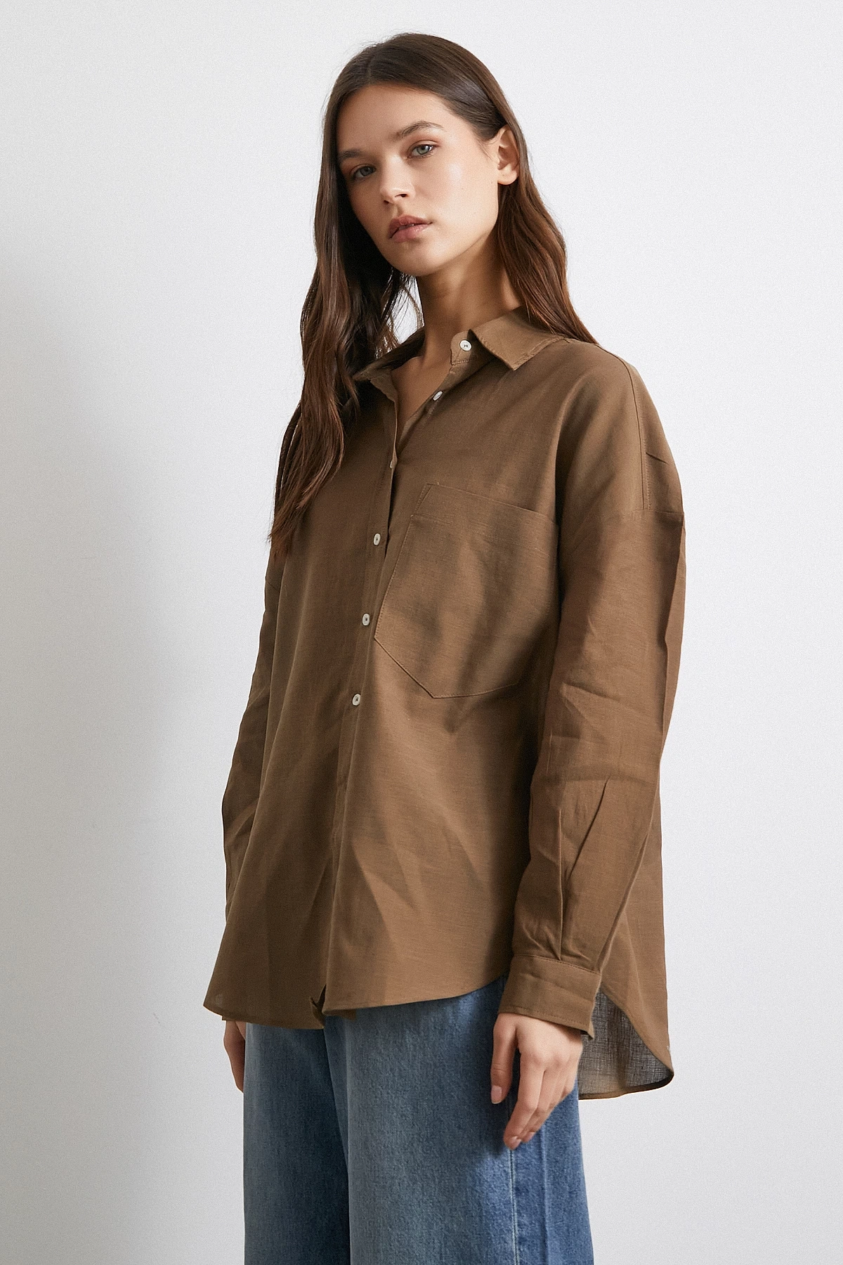 Cepli Oversize Keten  Gömlek Kahve