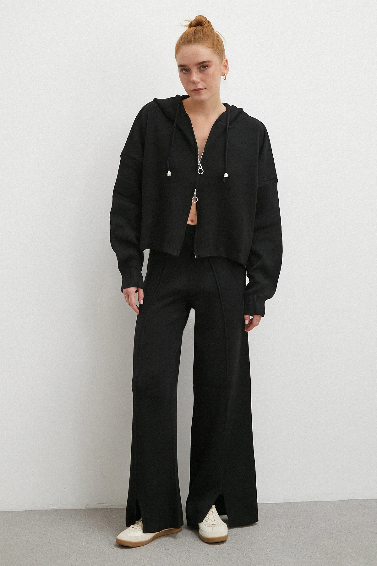 Çift Fermuarlı Kapüşonlu Pantolonlu Takım Siyah