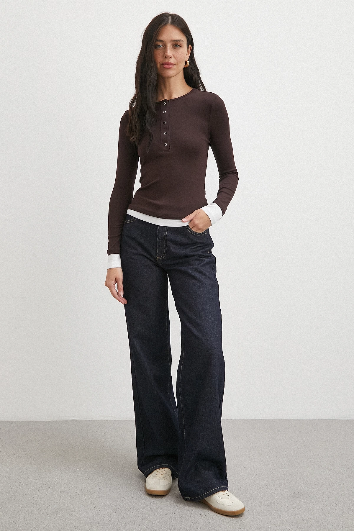 Garnili Çıtçıtlı Bluz Kahve