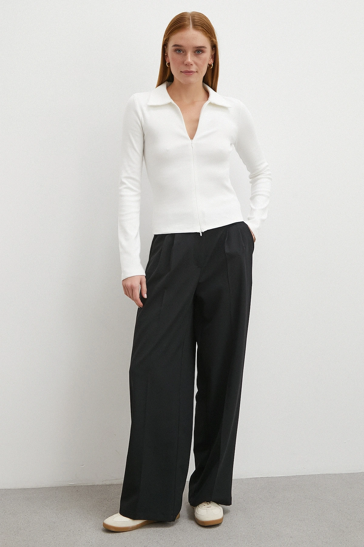 Yakalı Çift Fermuarlı Bluz Beyaz