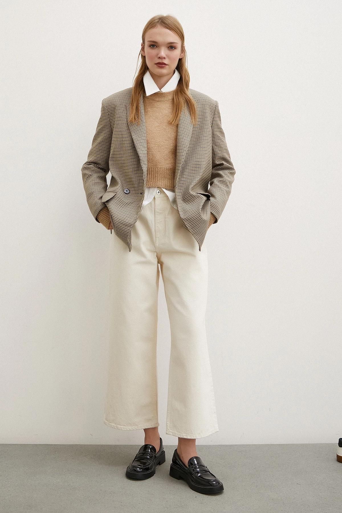 Yüksek Bel Geniş Paça Mom Jean Ekru