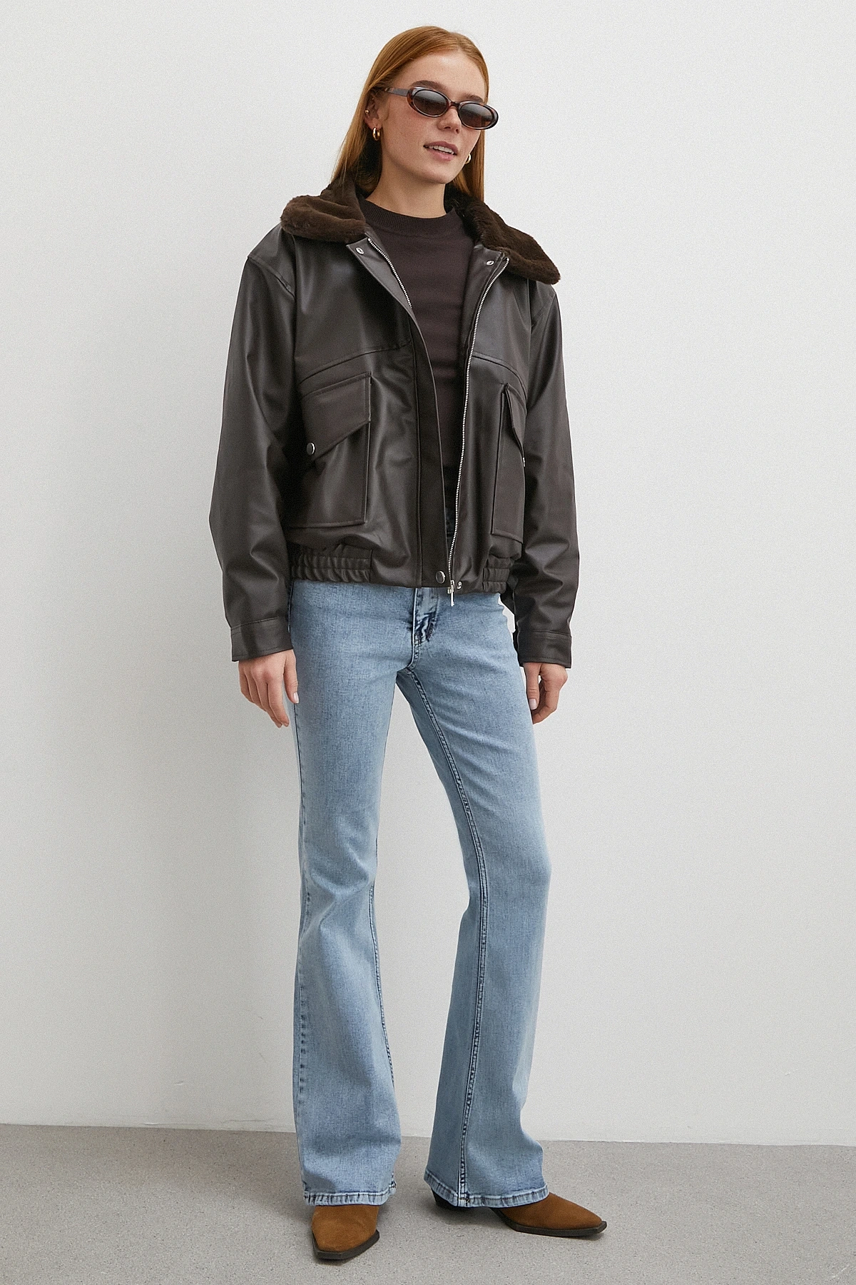 Peluş Astar Detaylı Deri Mont Kahve