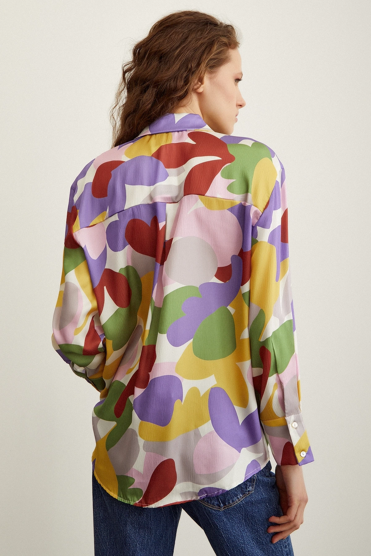 Desenli Saten Gömlek Lila