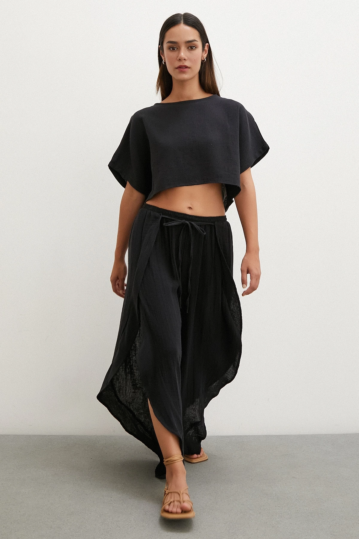 Keten Şalvar Takım Siyah