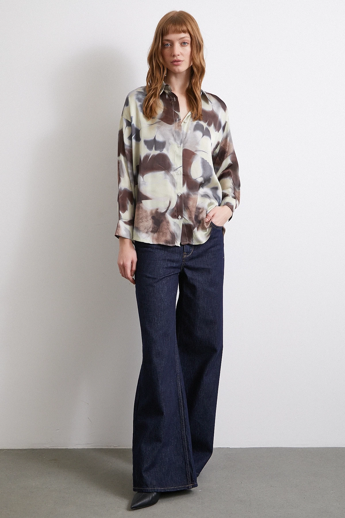 Batik Desen Saten Gömlek Kahve