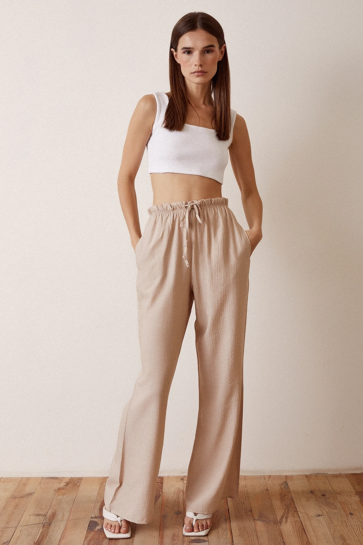 Beli Lastikli Biyeli Yüksek Bel Pantolon Bej