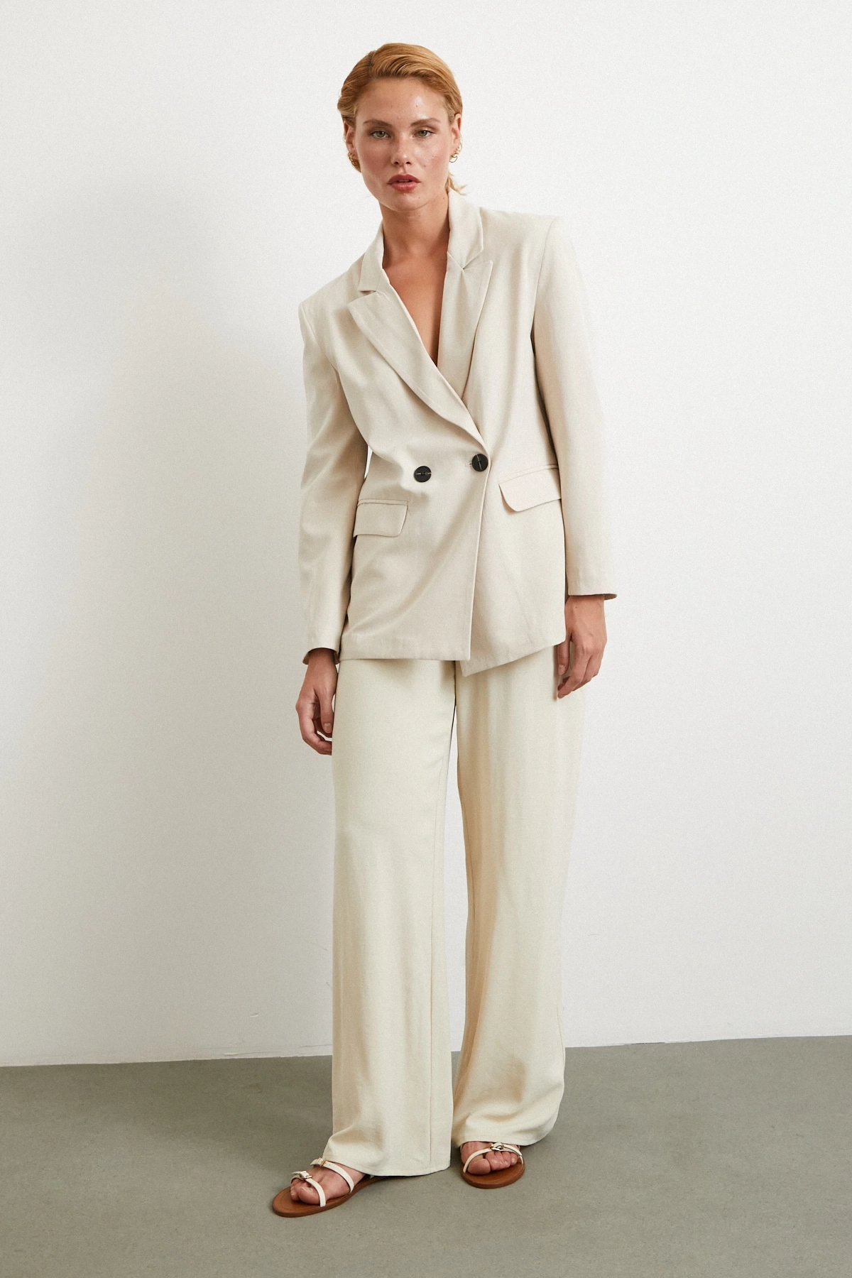 Çift Düğmeli Keten Blazer Ceket Krem