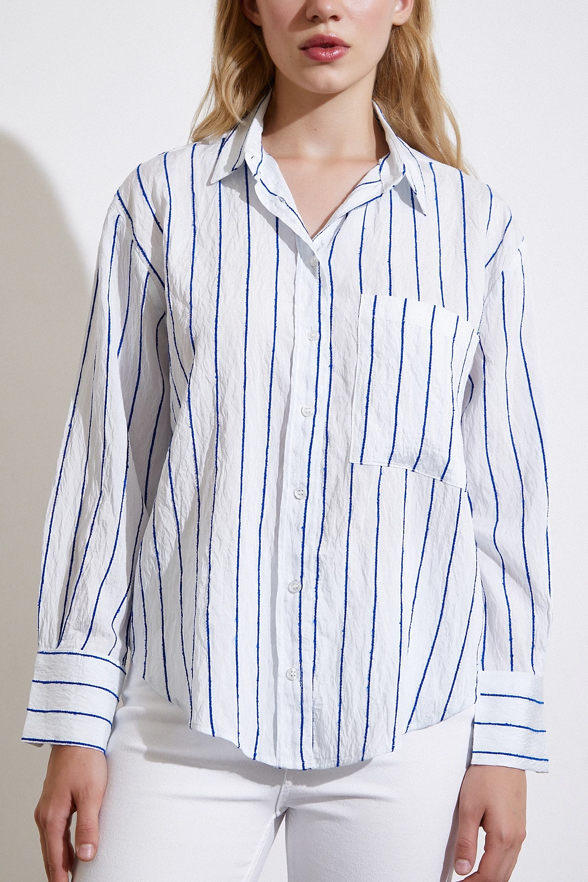 Çizgili Cepli Gömlek Lacivert