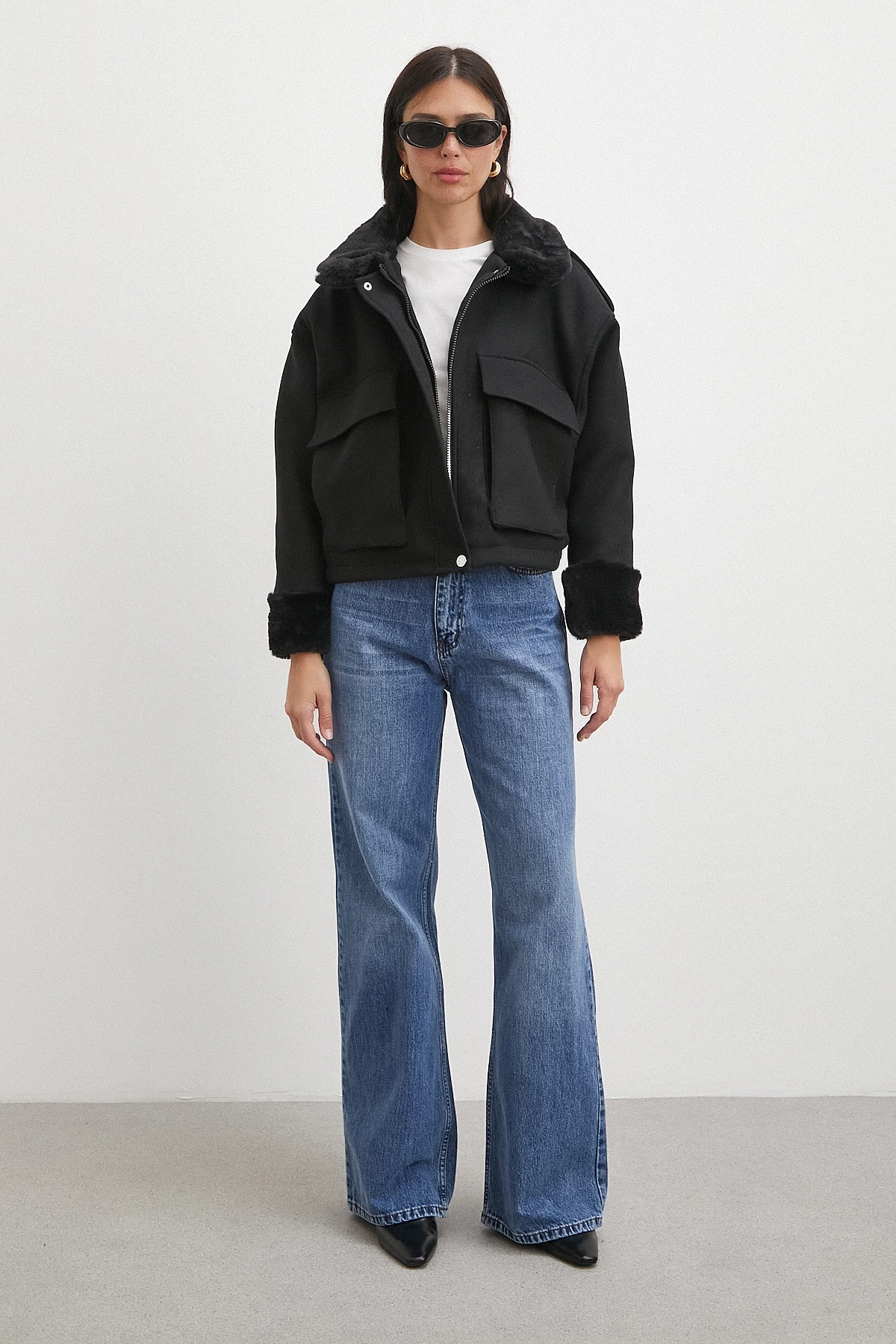 Apoletli Yünlü Körük Cepli Kaşe Mont Siyah