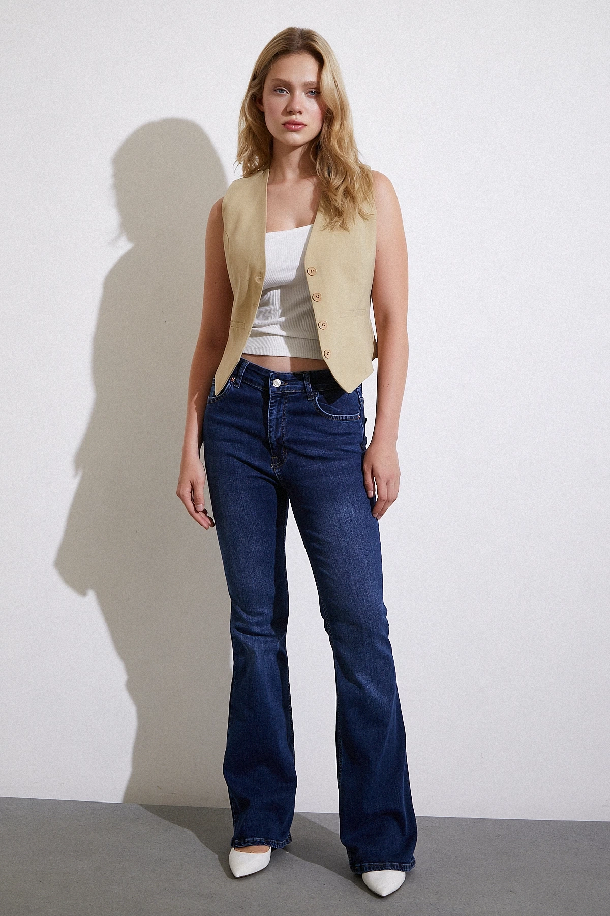 Yüksek Bel İspanyol Paça Jean Koyu Lacivert