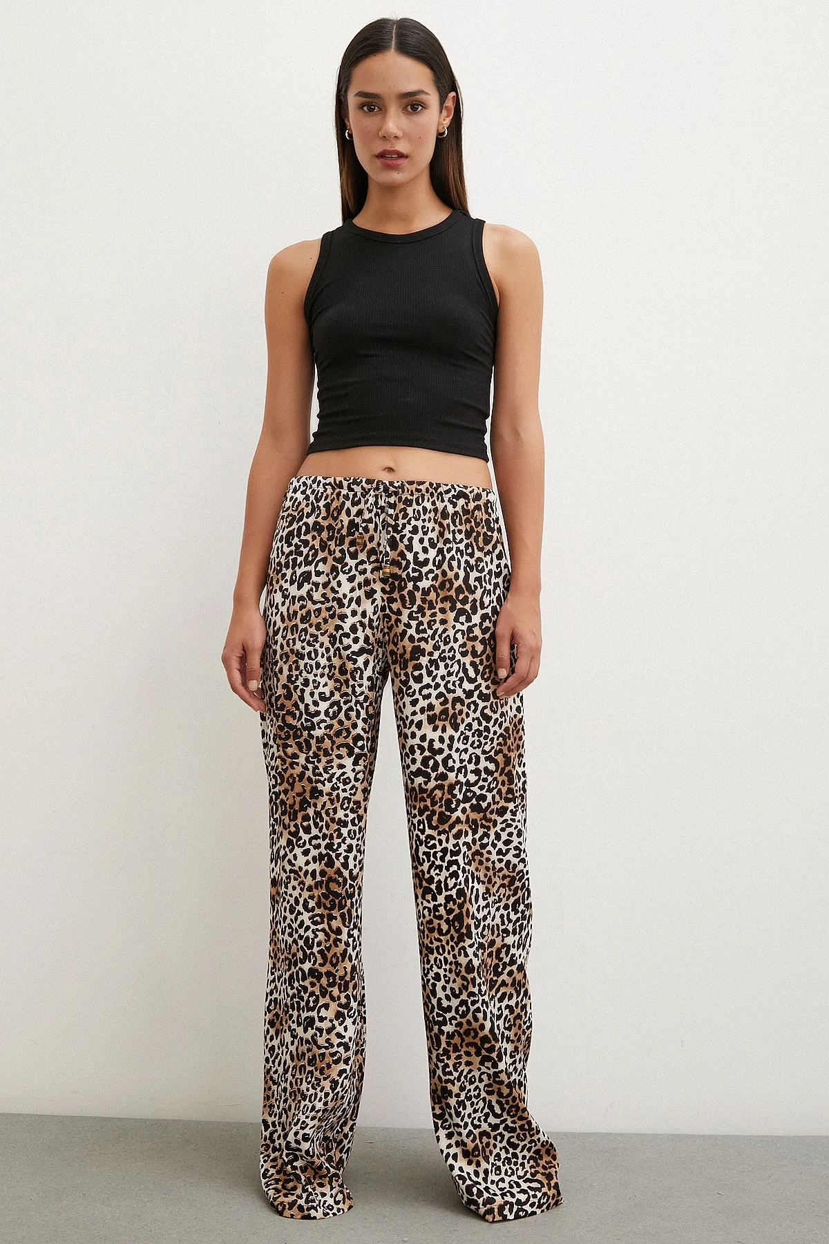Leopar Saten Pantolon Siyah