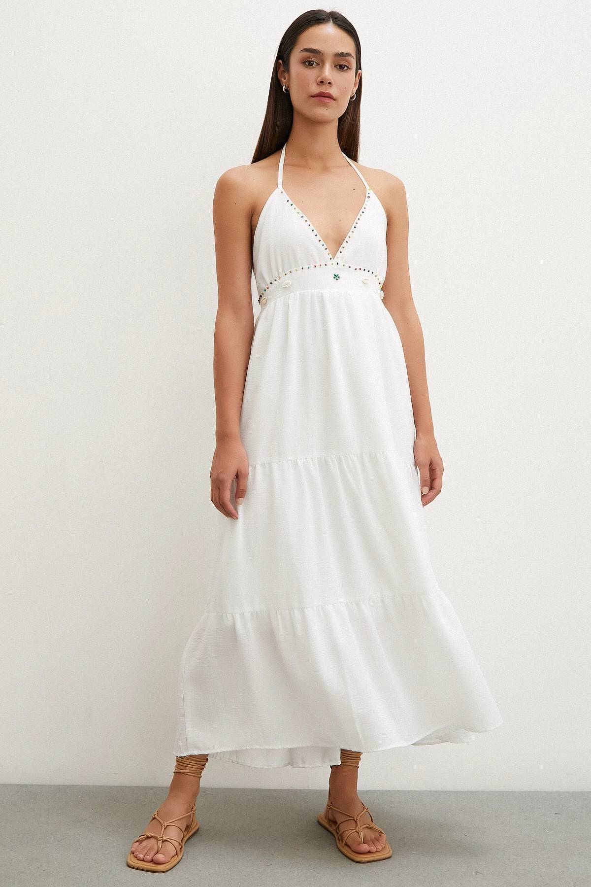 Boncuk Detay Keten Elbise Beyaz