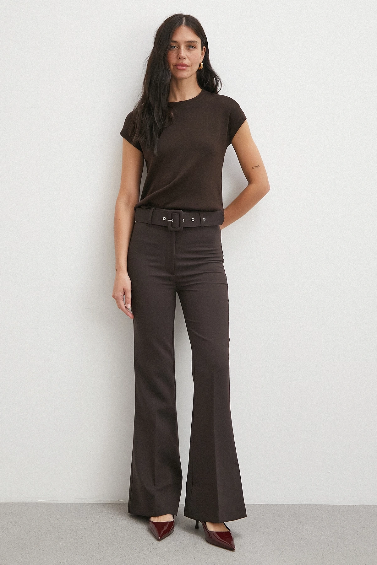 Kemerli İspanyol Paça Pantolon Kahve