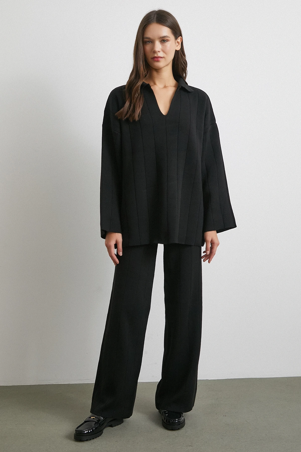 Polo Yaka Pantolonlu Triko Takım Siyah