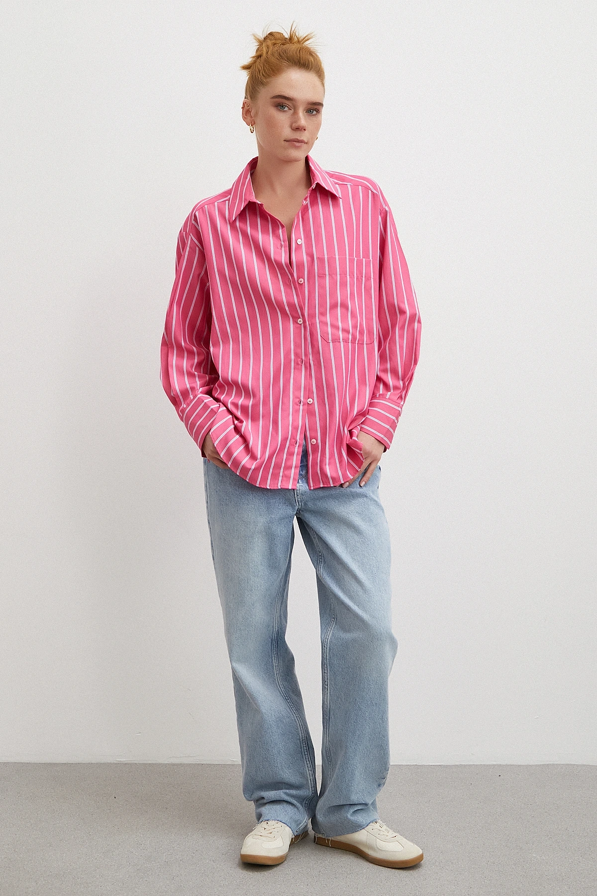 Çizgili Poplin Gömlek Pembe