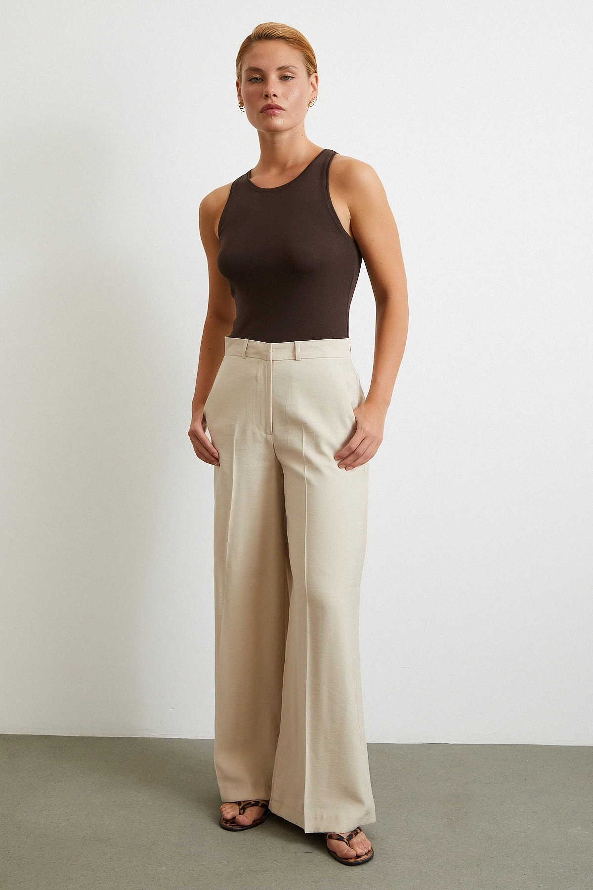 Geniş Paça Palazzo Pantolon Taş