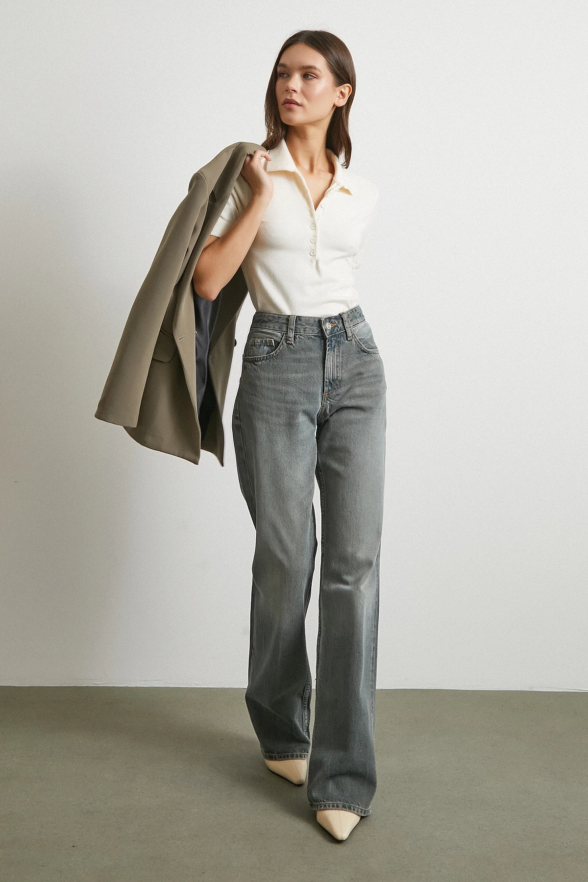 Polo Yaka Düğmeli Kısa Kol Ekru