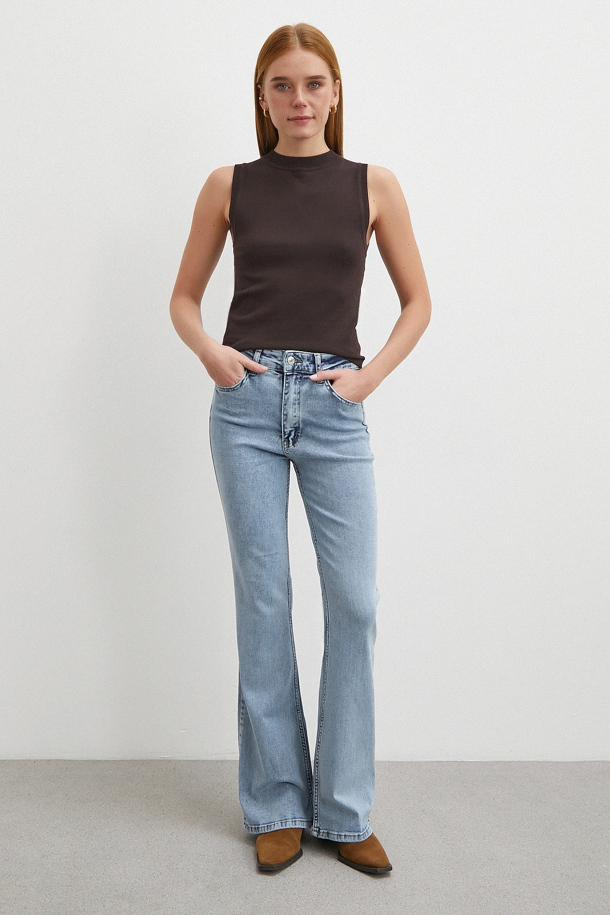 Orta  Bel Likralı İspanyol Paça Jean Buz Mavisi