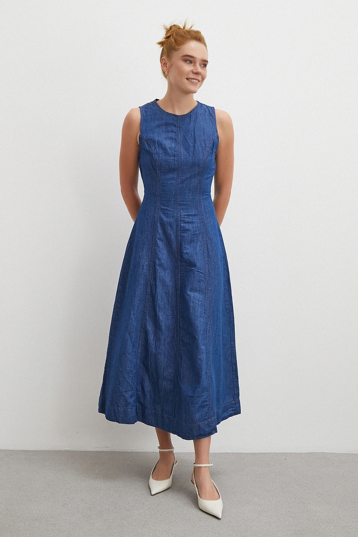 Bisiklet Yaka Kolsuz Premium Uzun Kot Elbise Lacivert