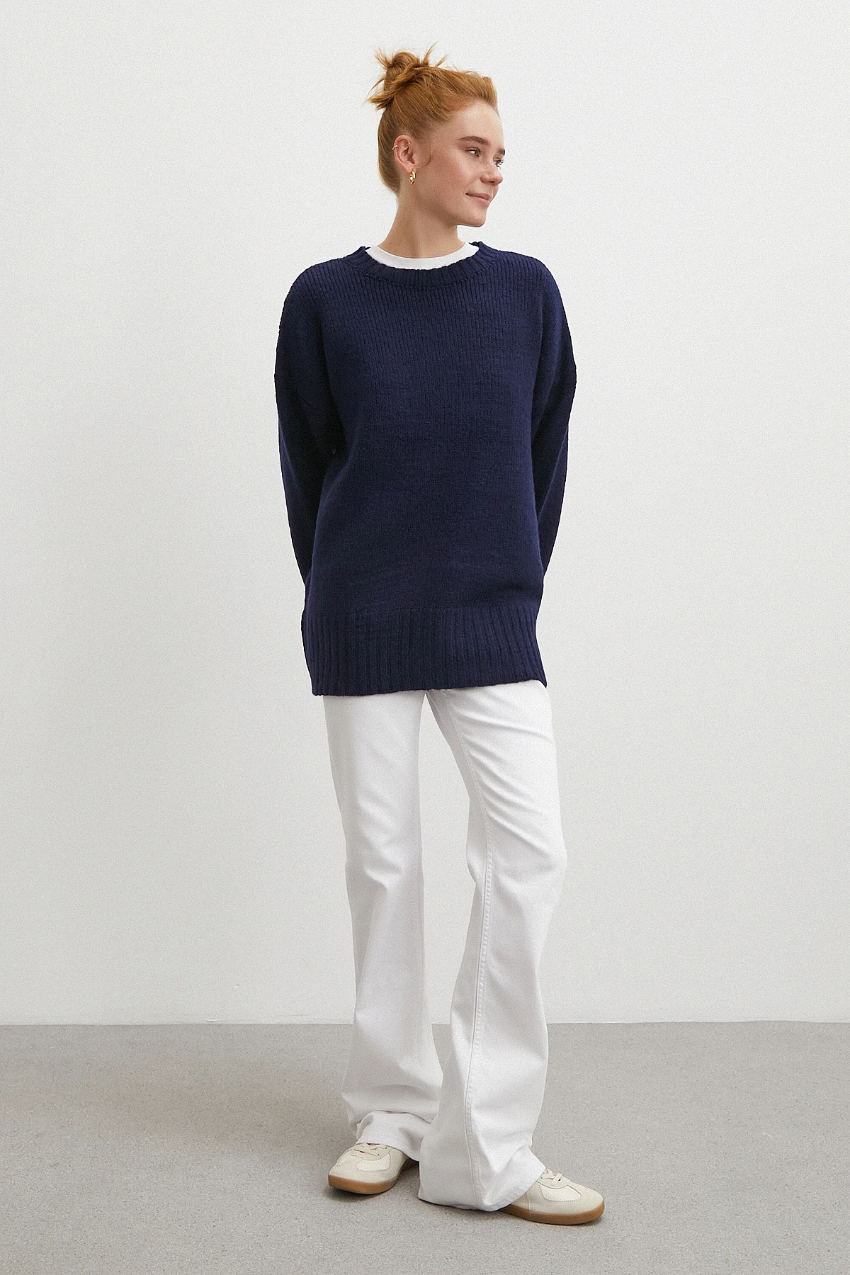 Bisiklet Yaka Fitilli Triko Kazak Lacivert