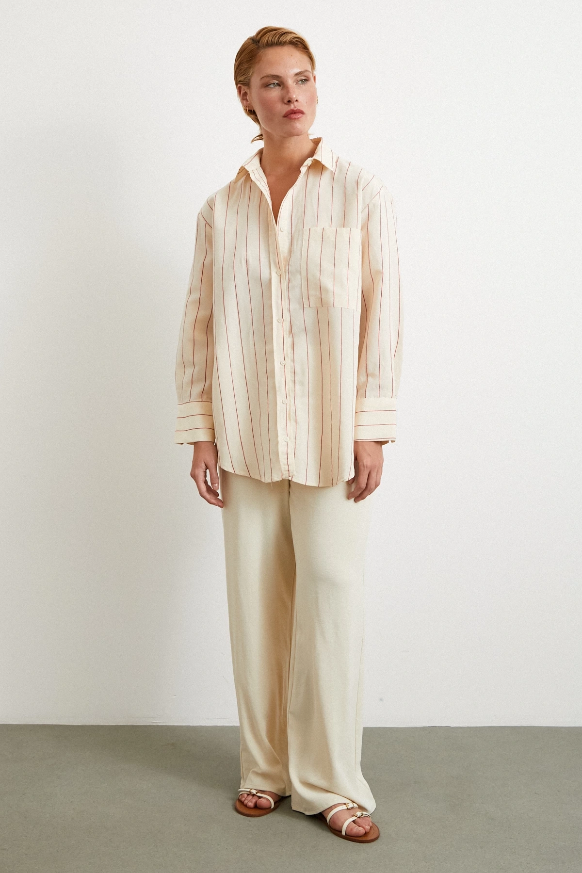 Kontrast Çizgili Modal Gömlek Fuşya