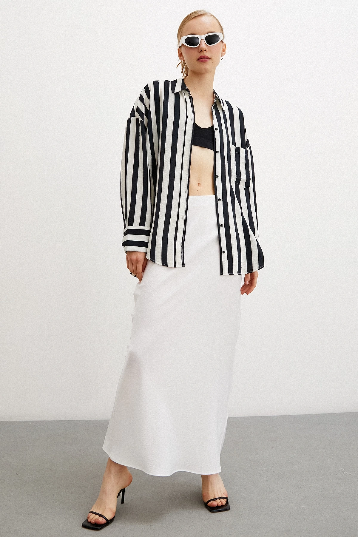 Poplin Çizgili Gömlek Ekru