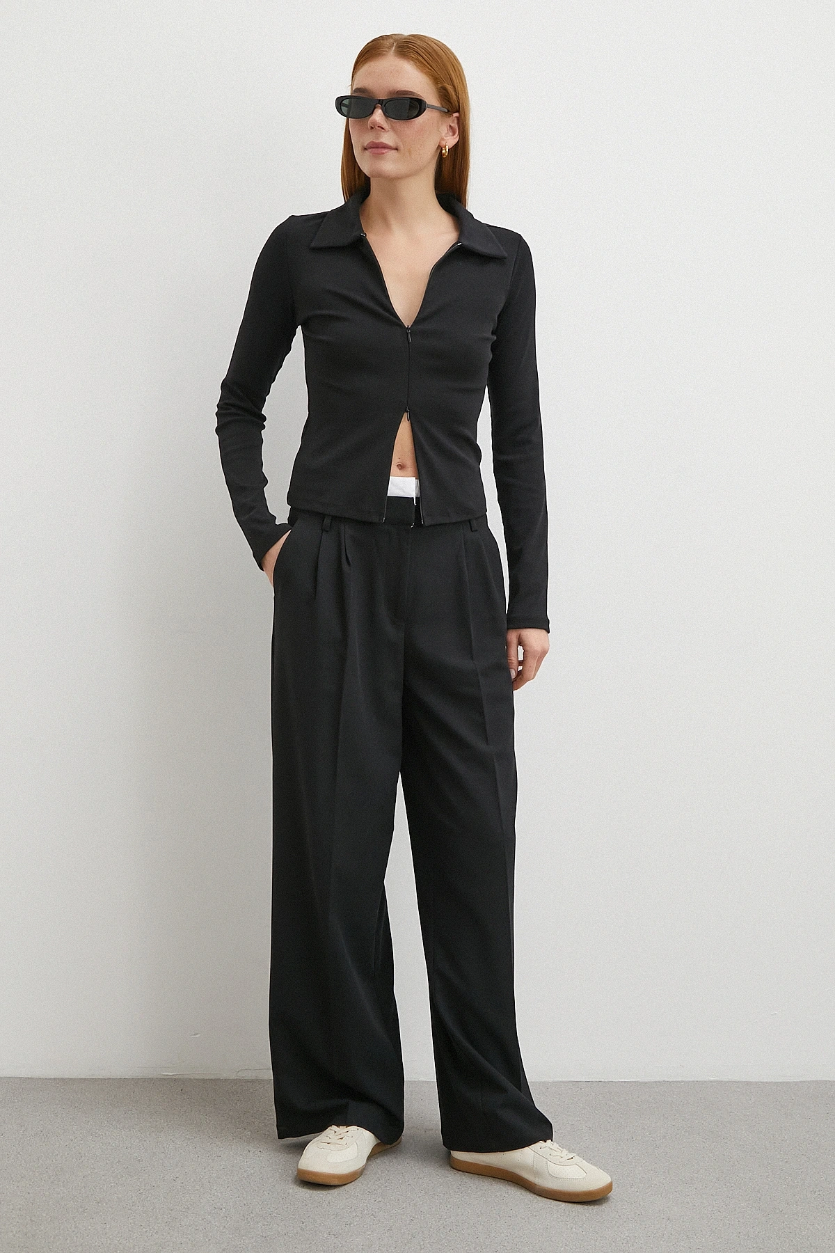 Yakalı Çift Fermuarlı Bluz Siyah