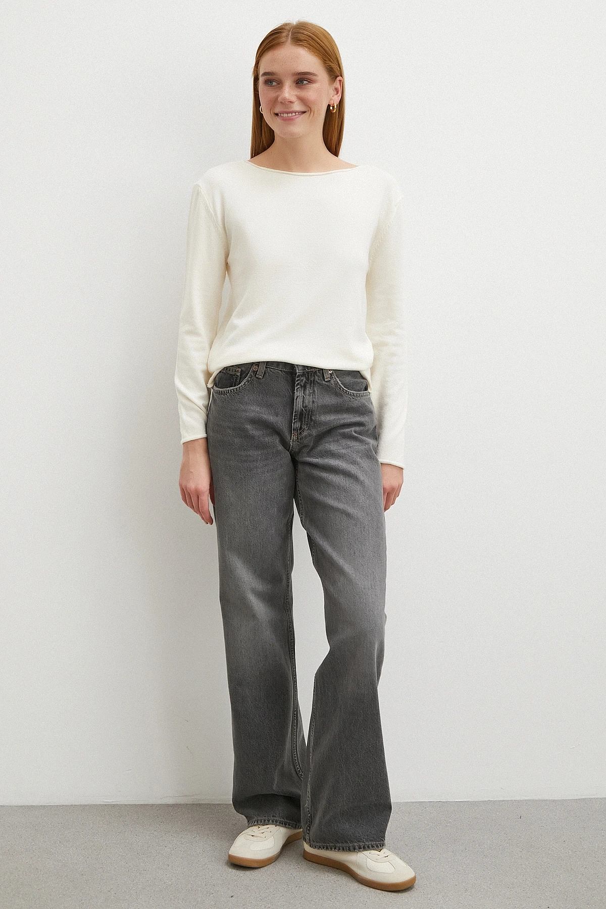 Kayık Yaka Uzun Kol Kazak Ekru