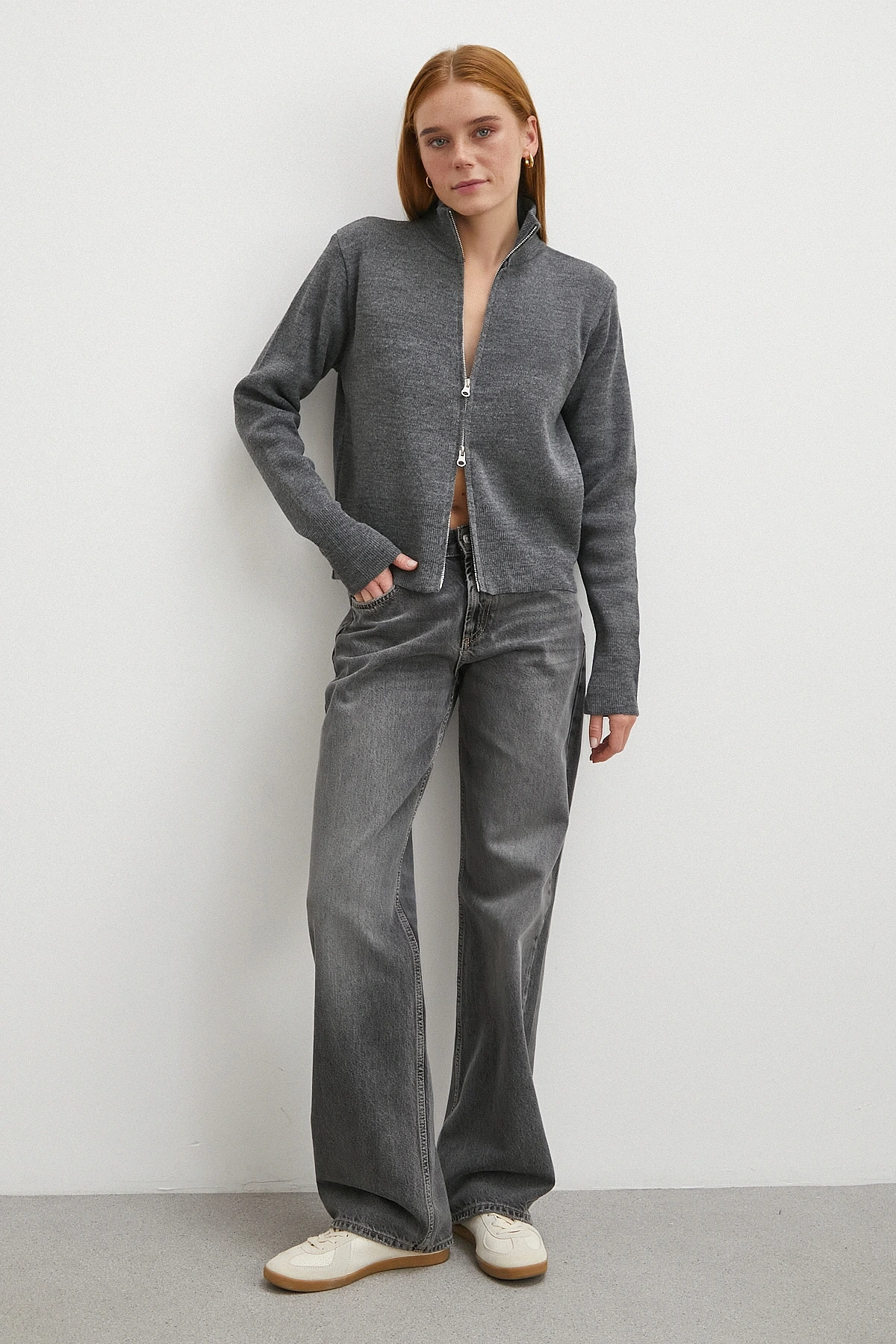 Çift Fermuarlı Triko Hırka Antirasit