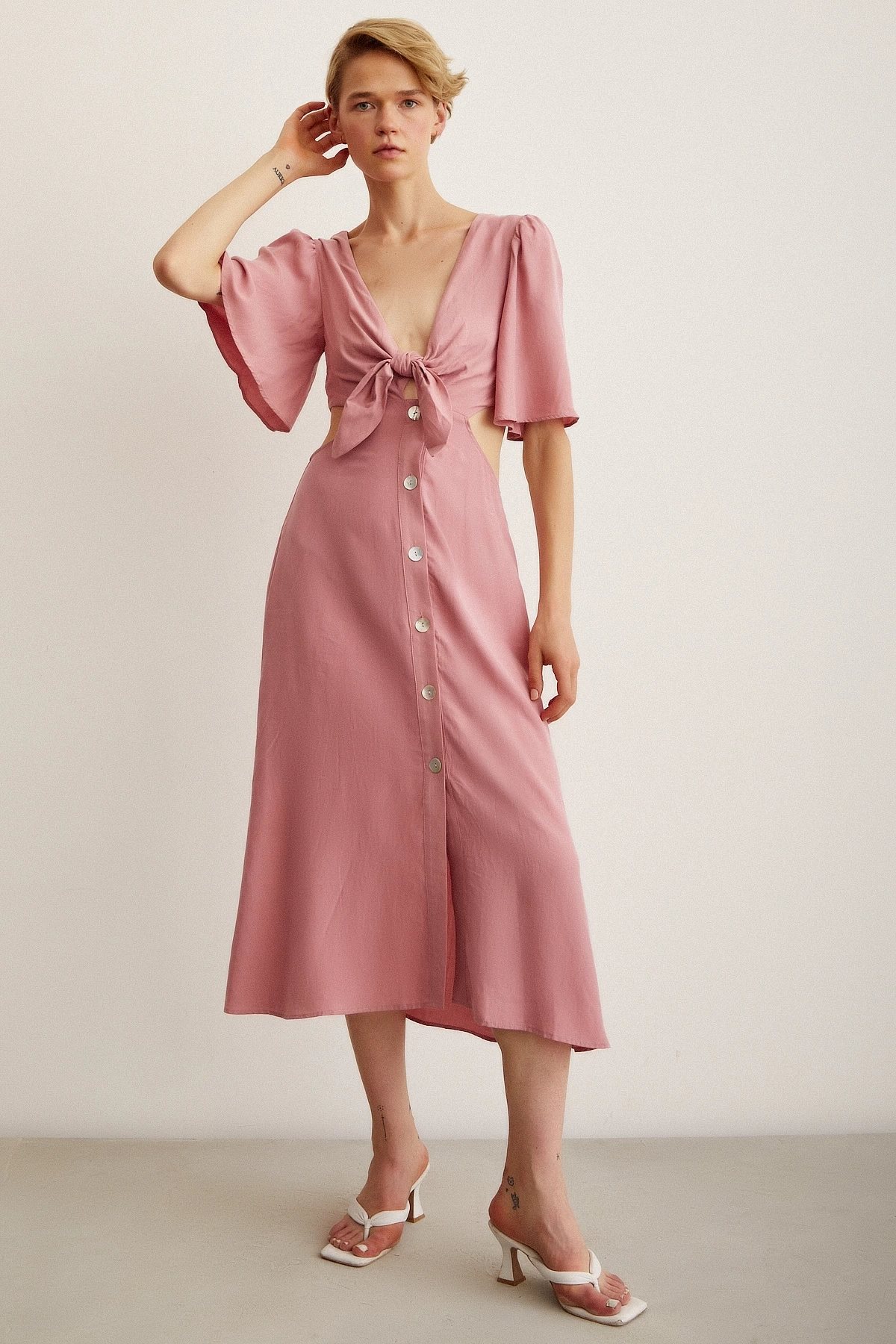 Önü Bağlamalı Balon Omuz Elbise Gül Kurusu