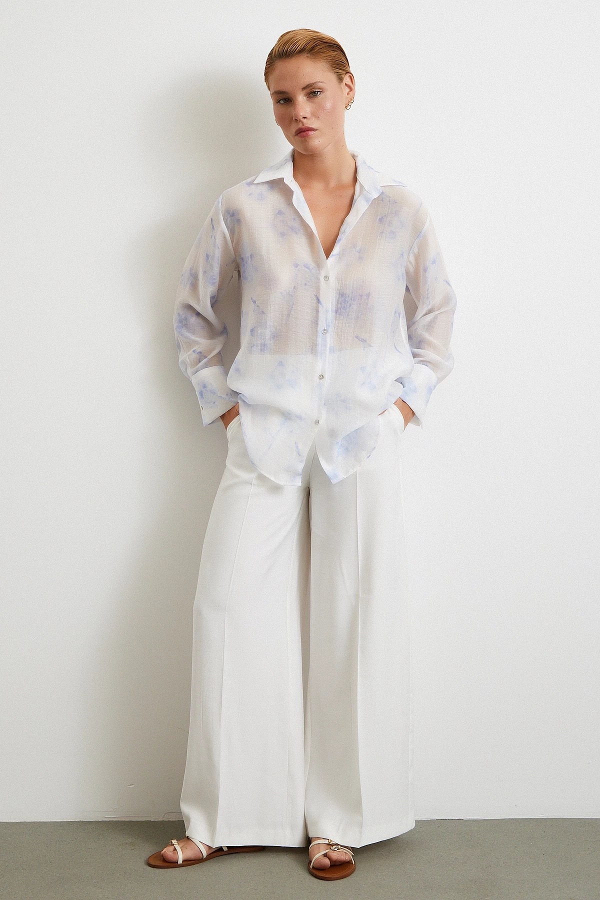 Organze Desenli Tül Gömlek Mavi