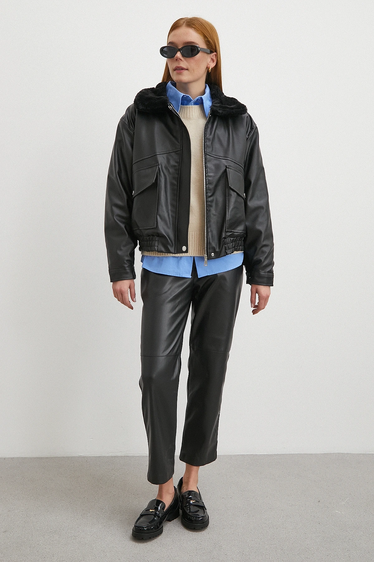 Peluş Astar Detaylı Deri Mont Siyah