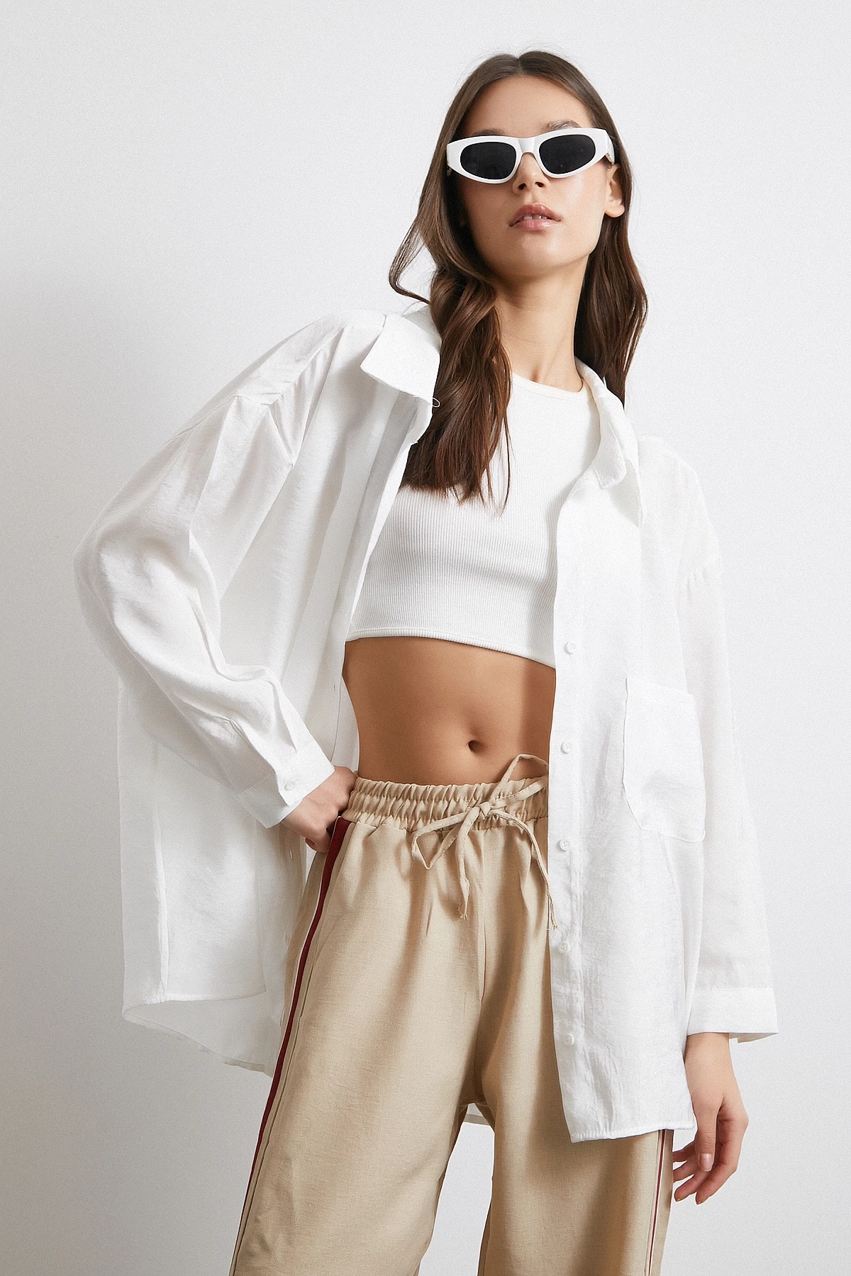 Oversize Cepli Modal Gömlek Beyaz