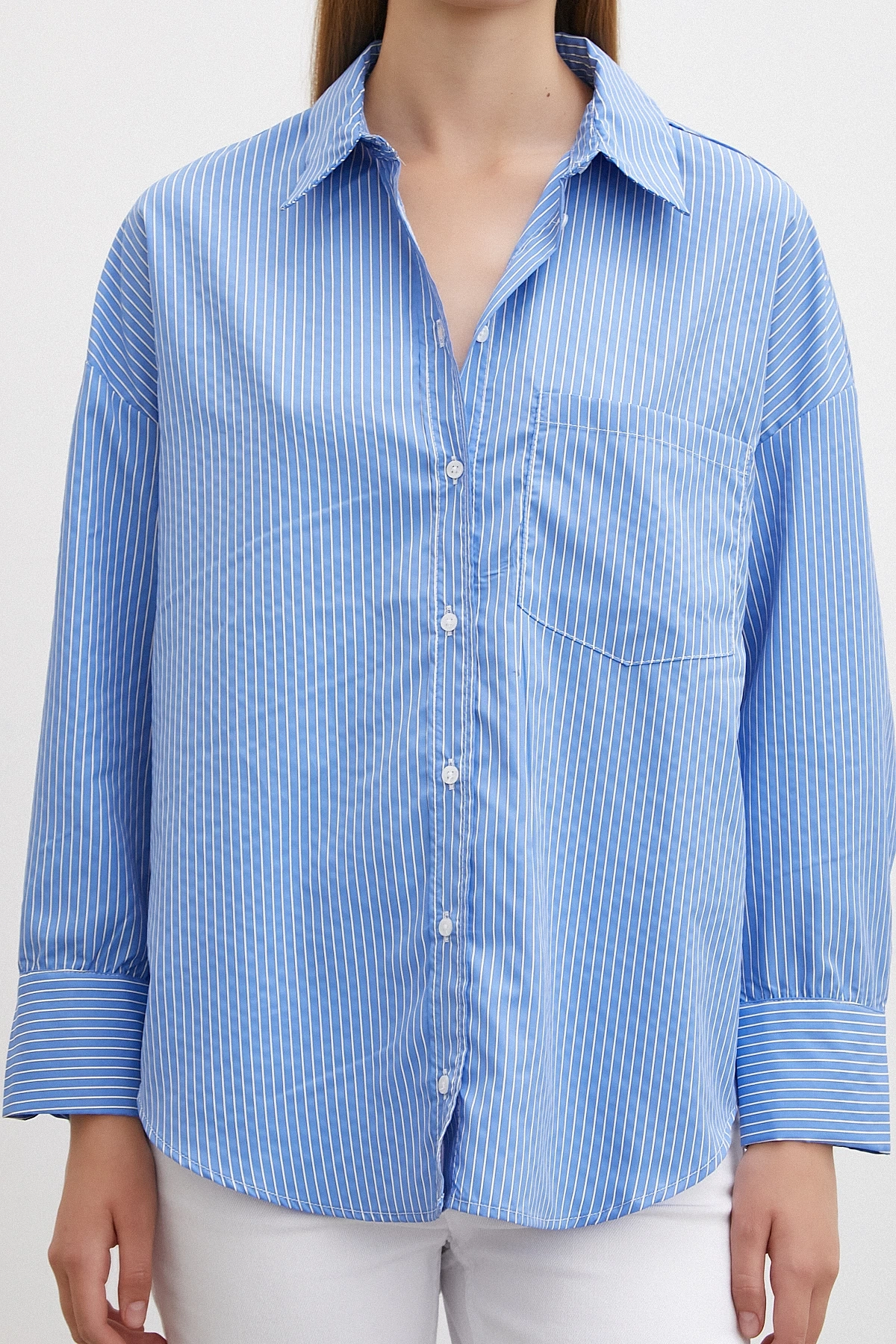 İnce Çizgili Gömlek Mavi