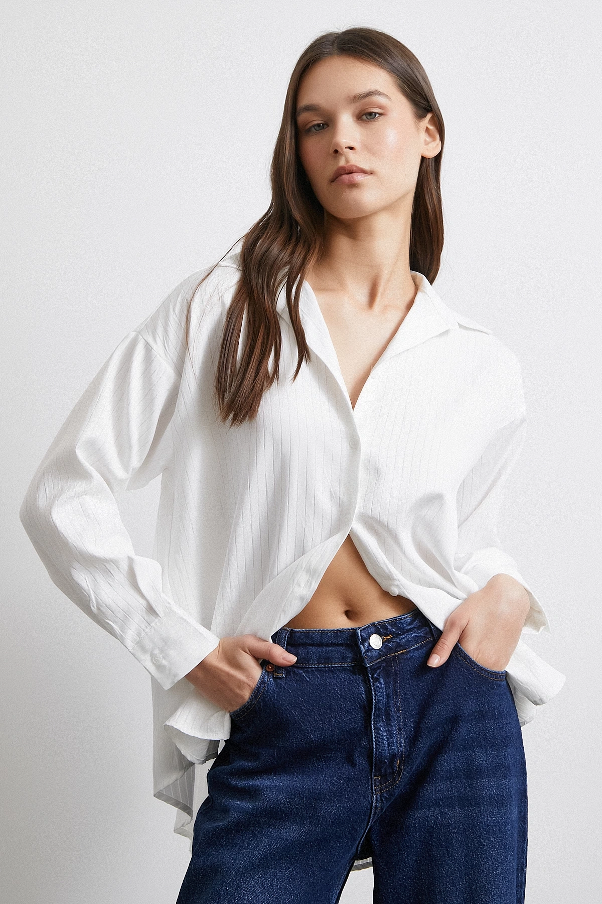 Diagonal Desen Gömlek Beyaz