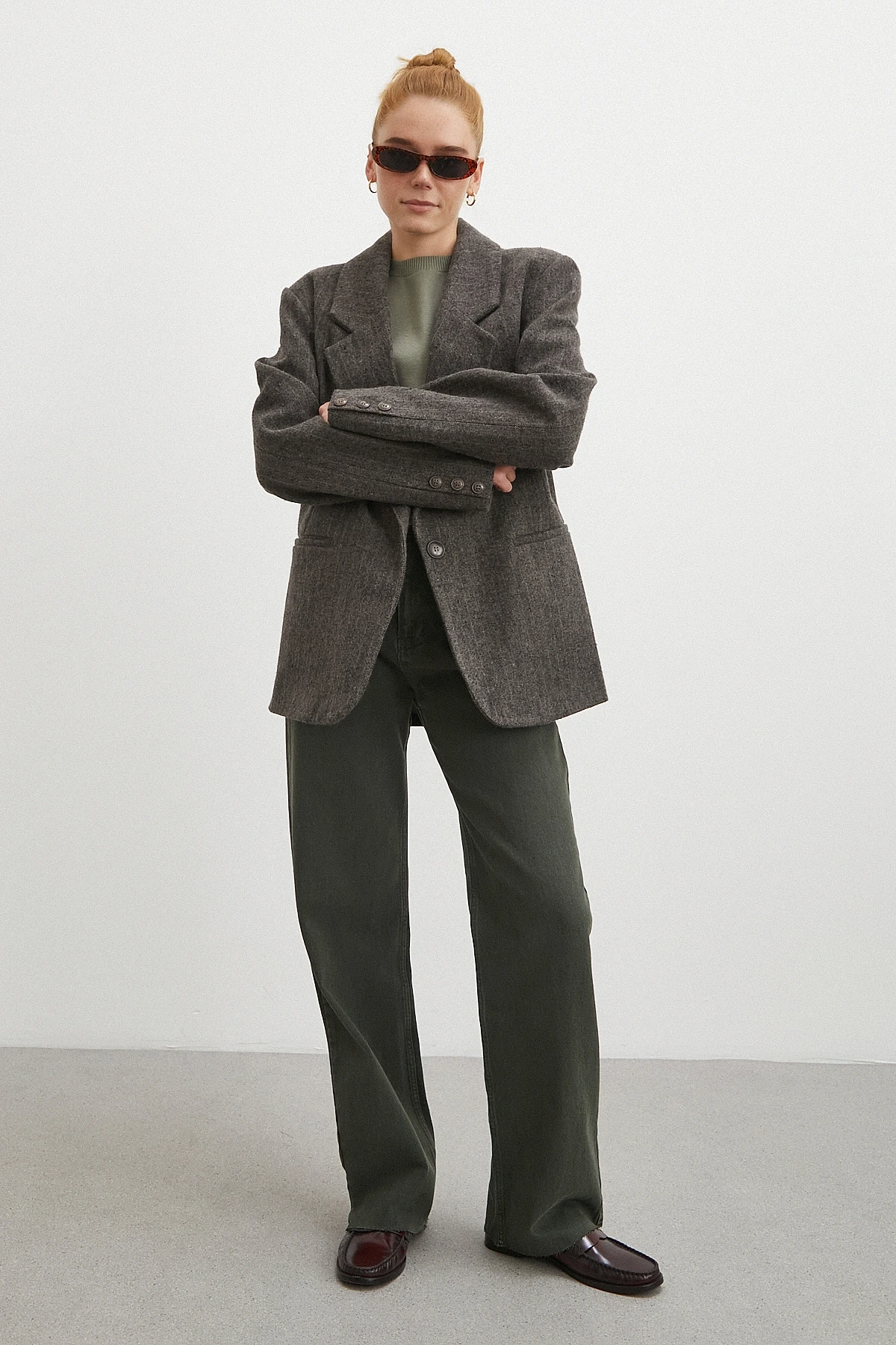 Yüksek Bel Kesik Boru Paça Jean Yeşil