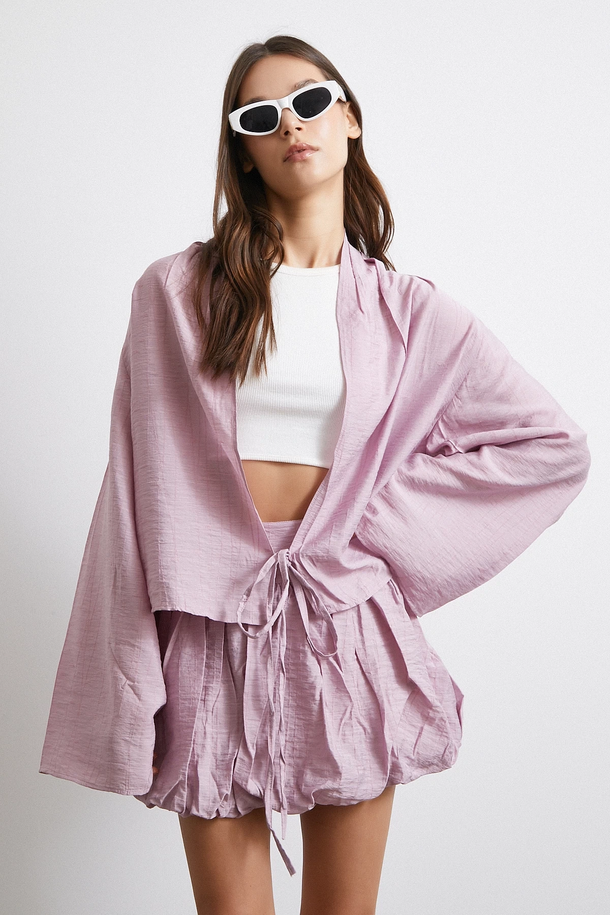 Geniş Kol Önden Bağlamalı Bluz Lila