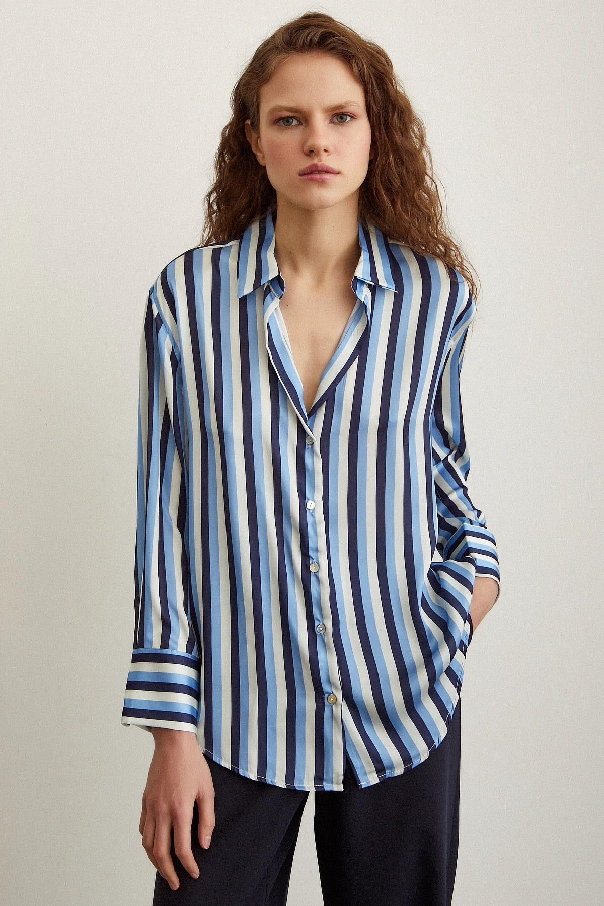 Çizgili Saten Gömlek Lacivert