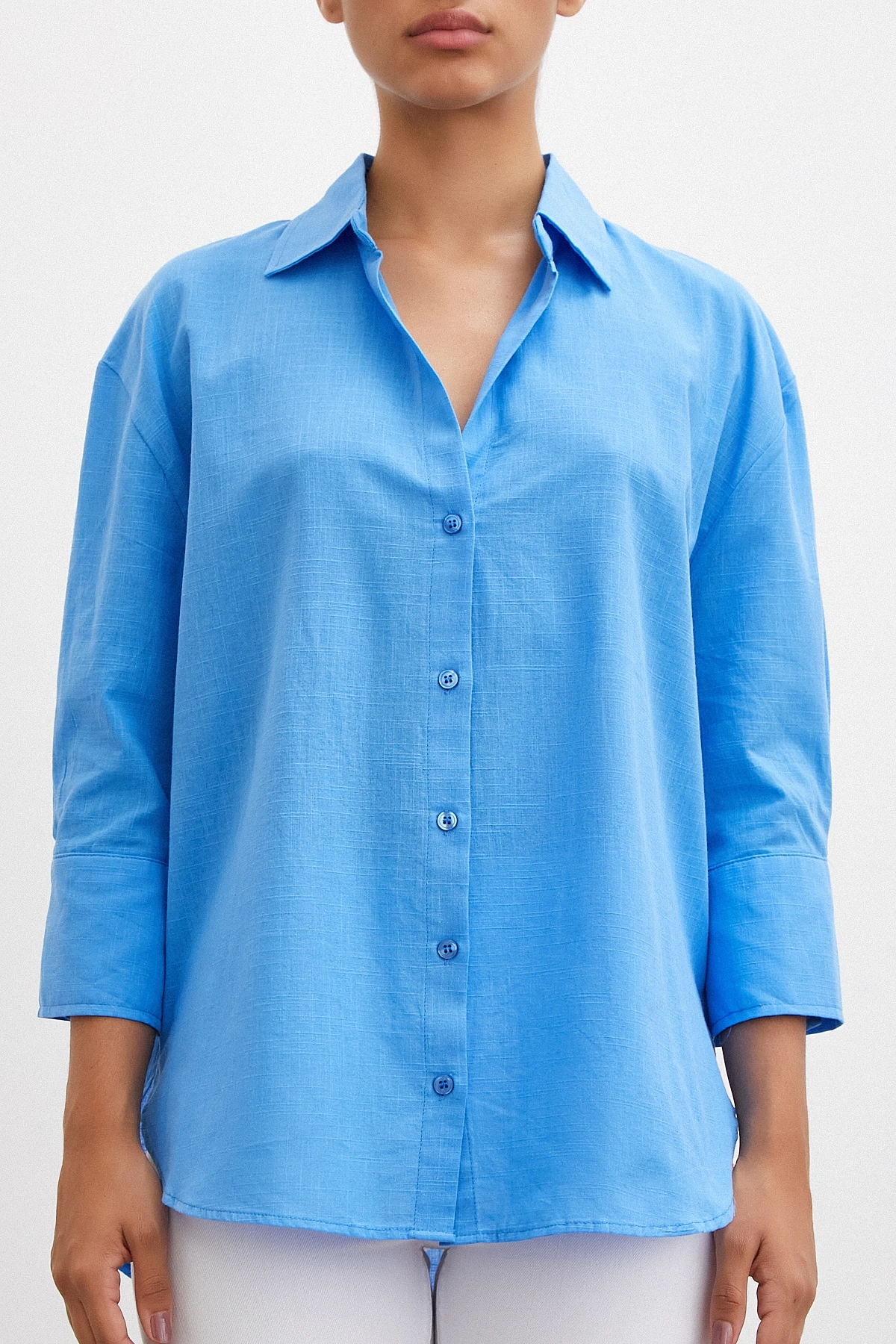 Geniş Manşetli Keten Gömlek Mavi