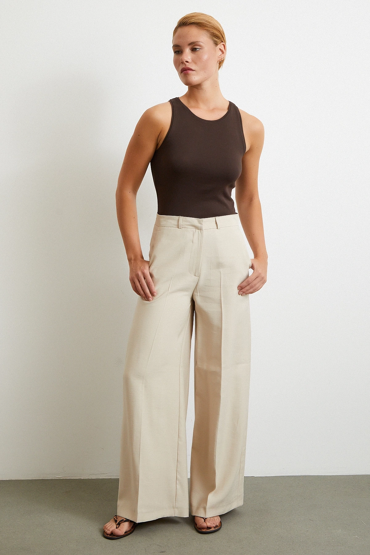 Geniş Paça Palazzo Pantolon Taş