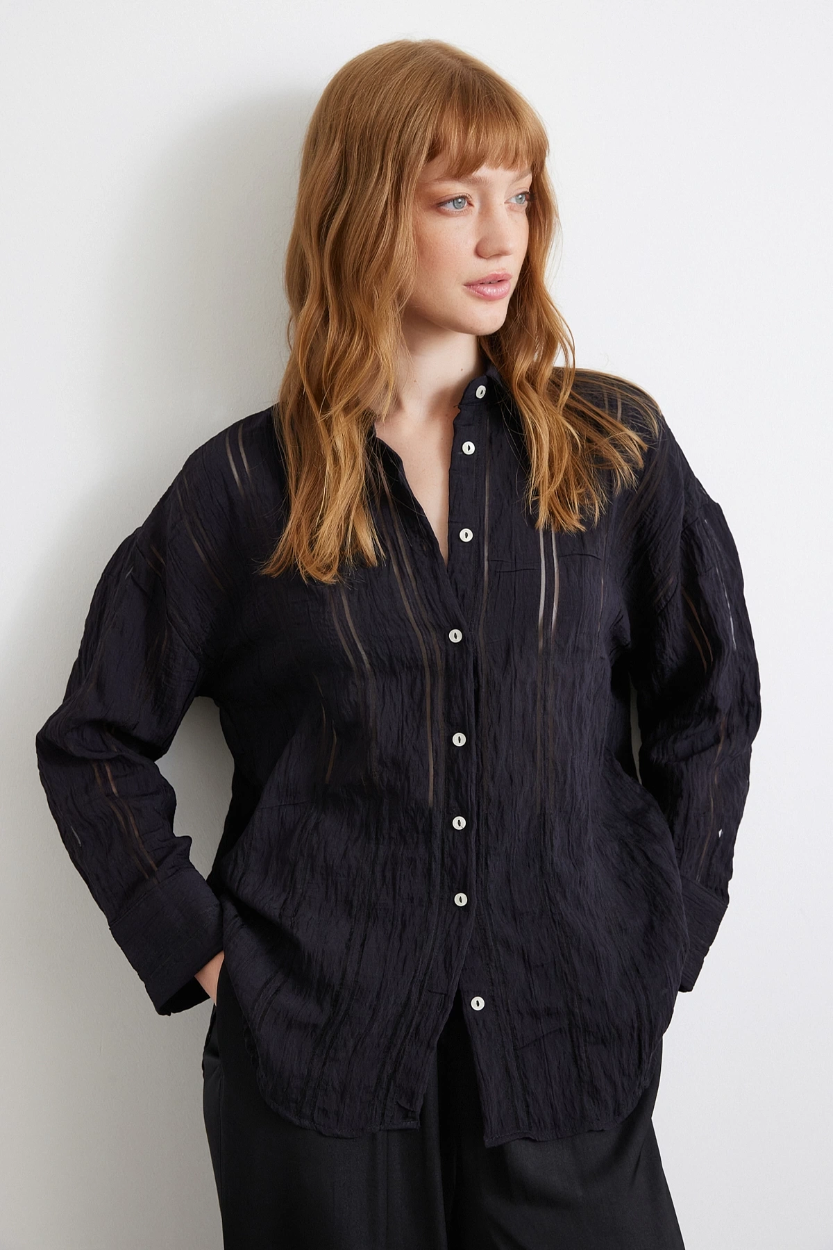 Organze Çizgili Gömlek Siyah