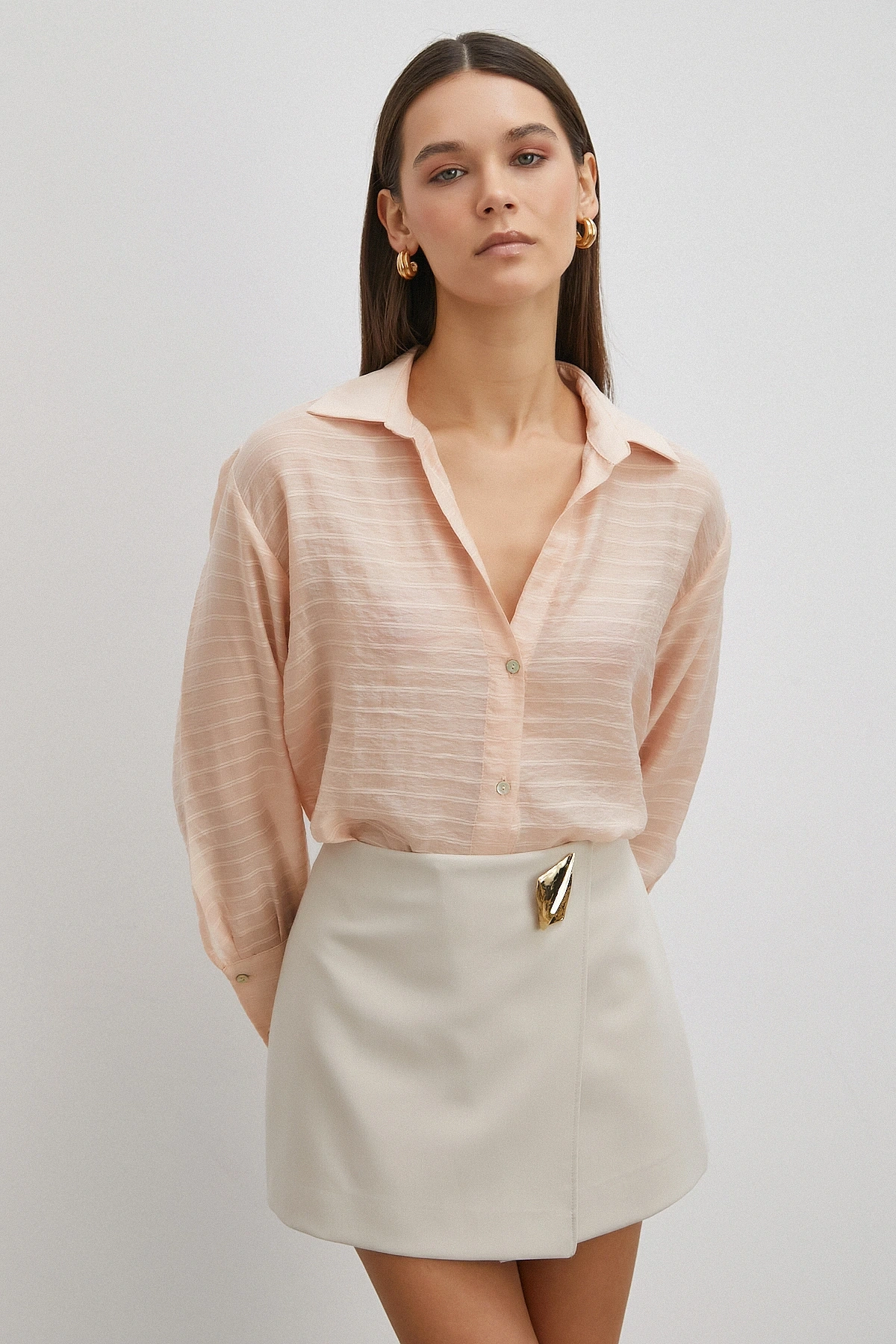 Kabartma Çizgili Gömlek Pudra