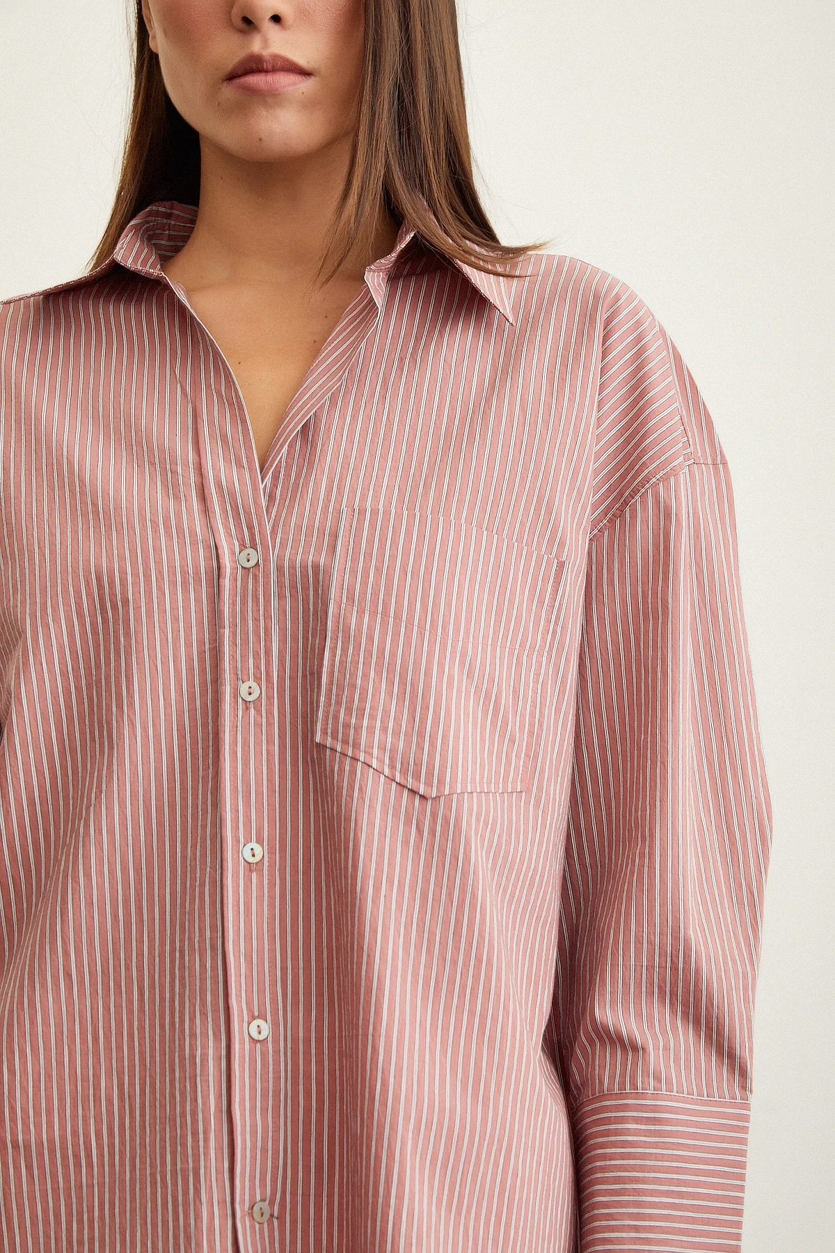 Çizgili Oversize Gömlek Gül Kurusu