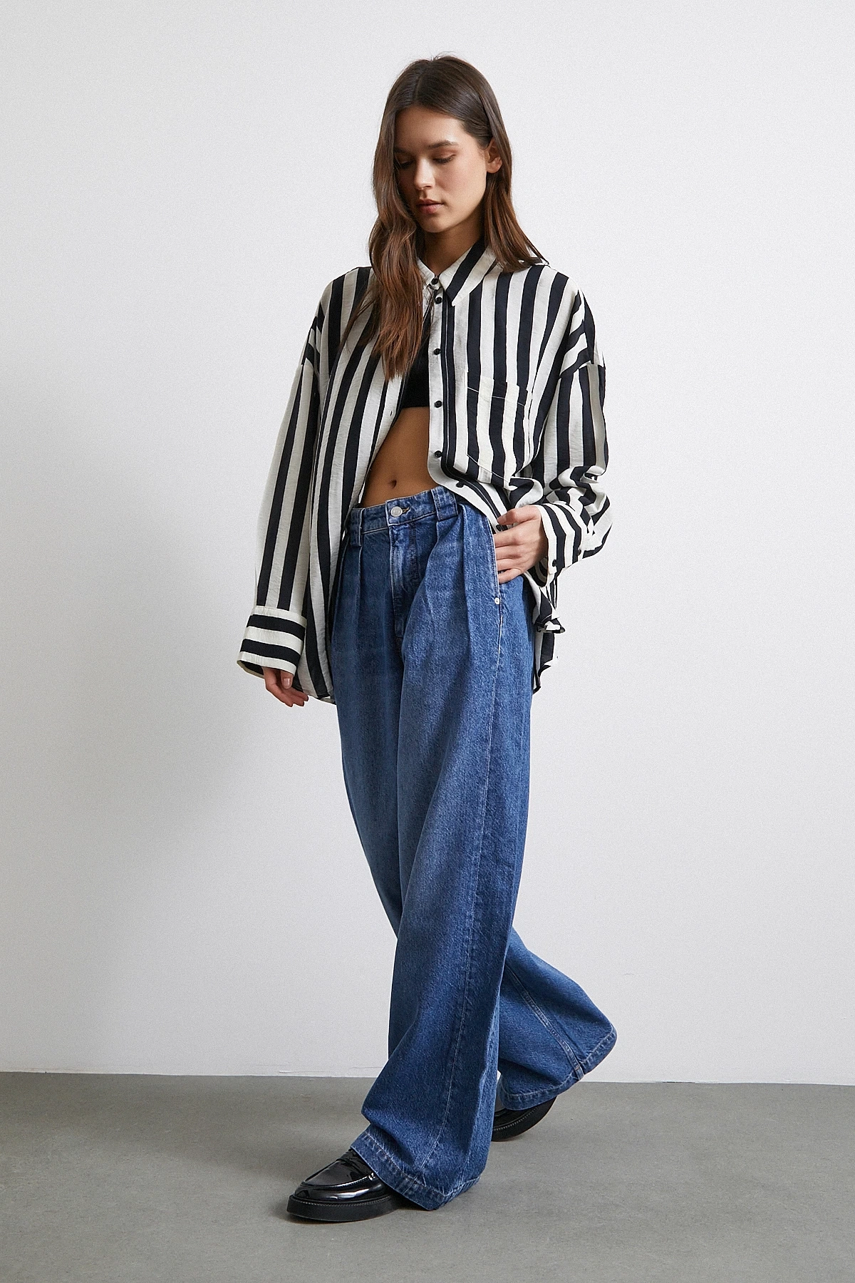 Yüksek Bel Pileli Geniş Paça Jean Mavi