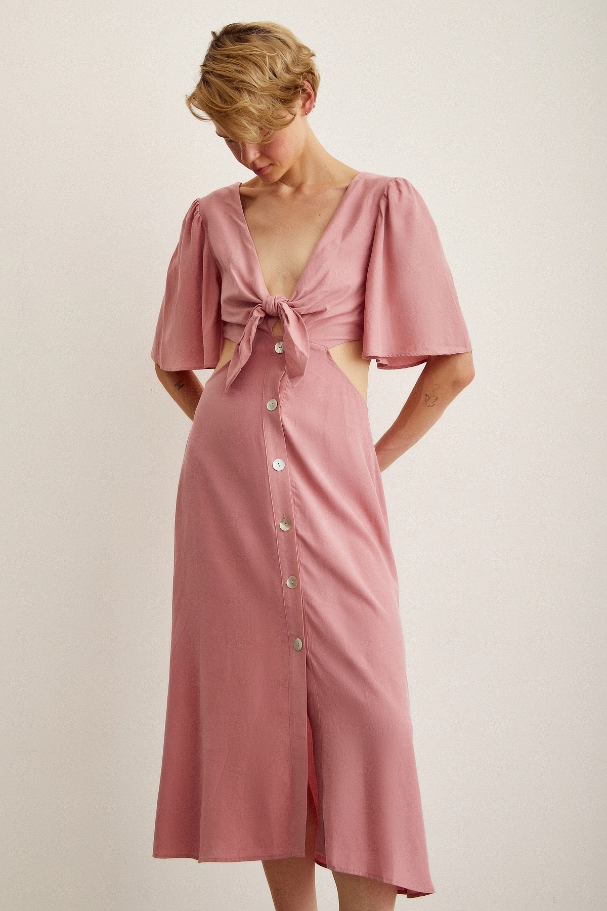 Önü Bağlamalı Balon Omuz Elbise Gül Kurusu