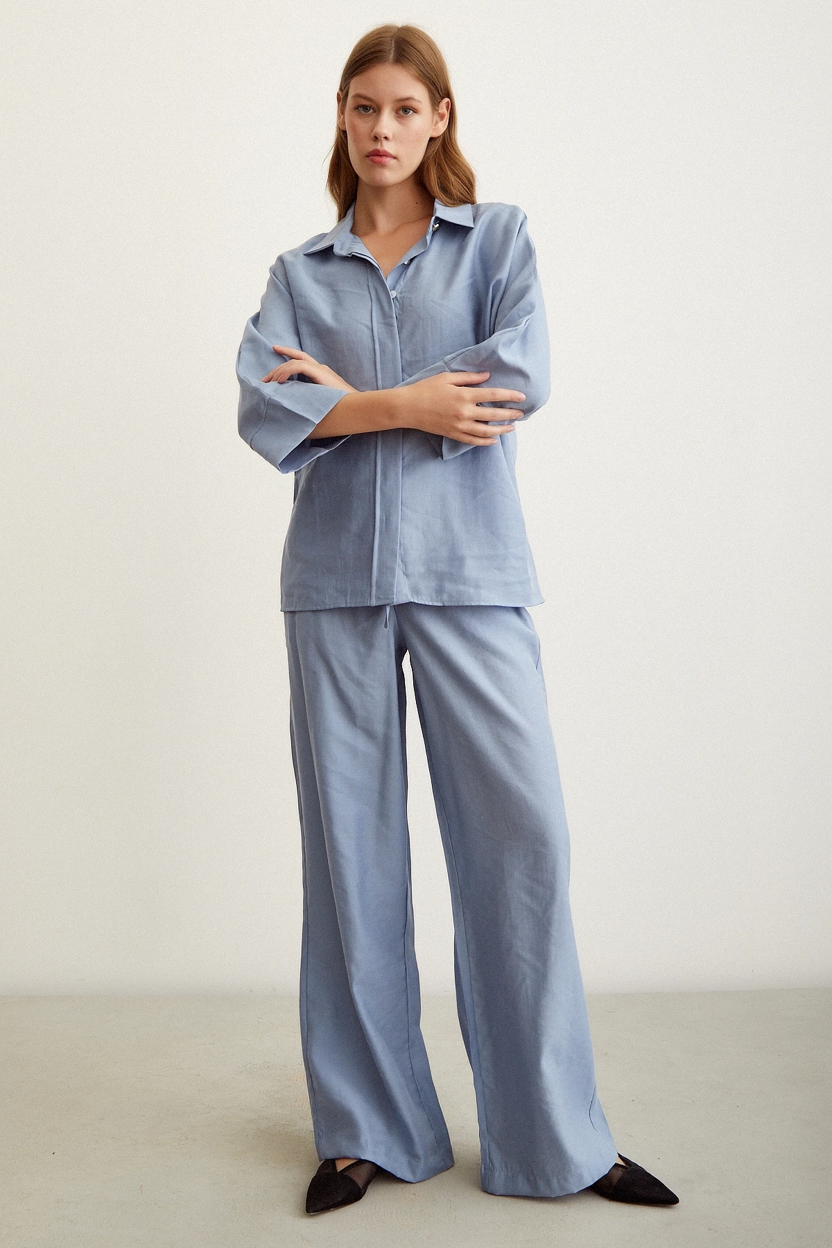 Yarasa Kol Keten Gömlek Mavi