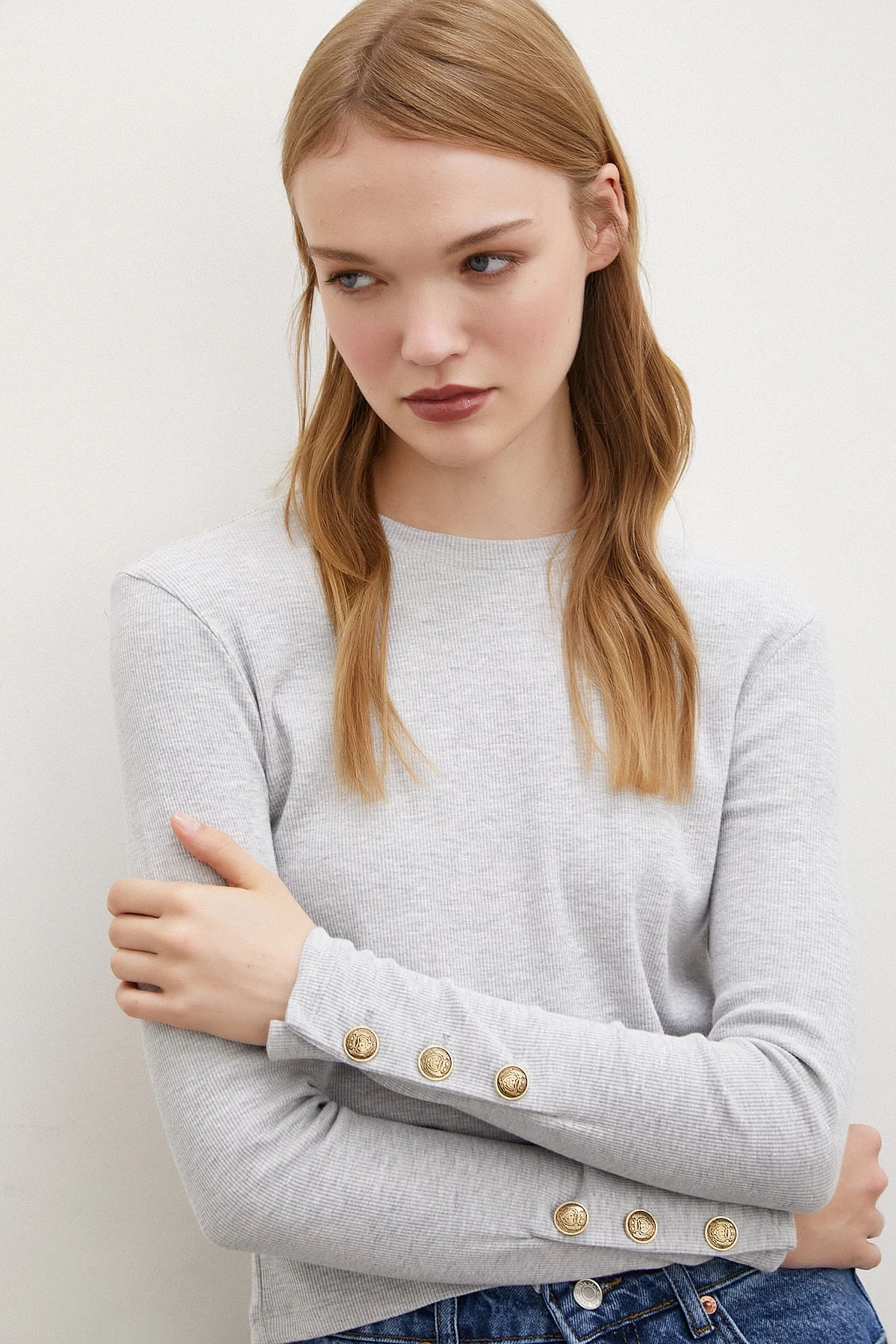 Kollu Düğmeli Bluz Gri