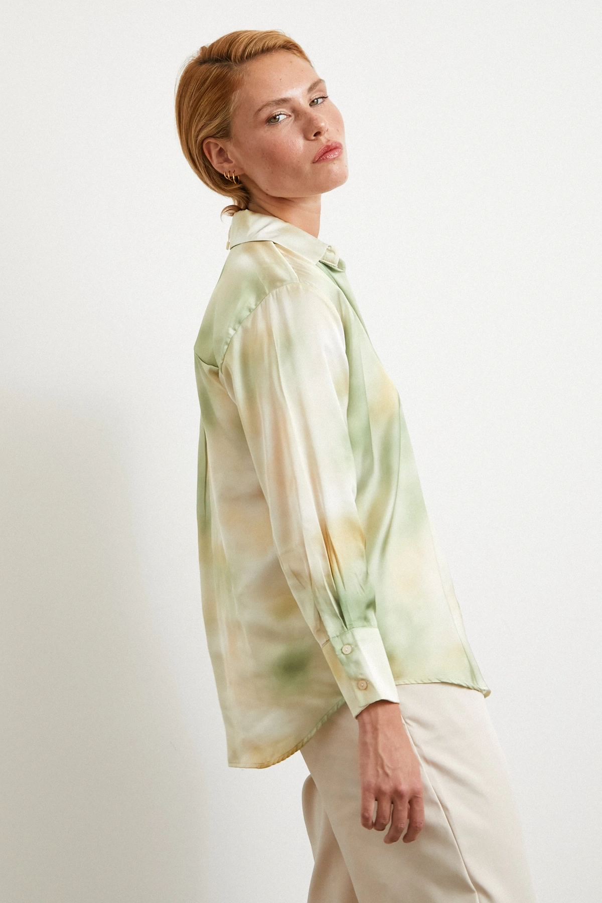 Ebruli Desen Saten GömleK Yeşil