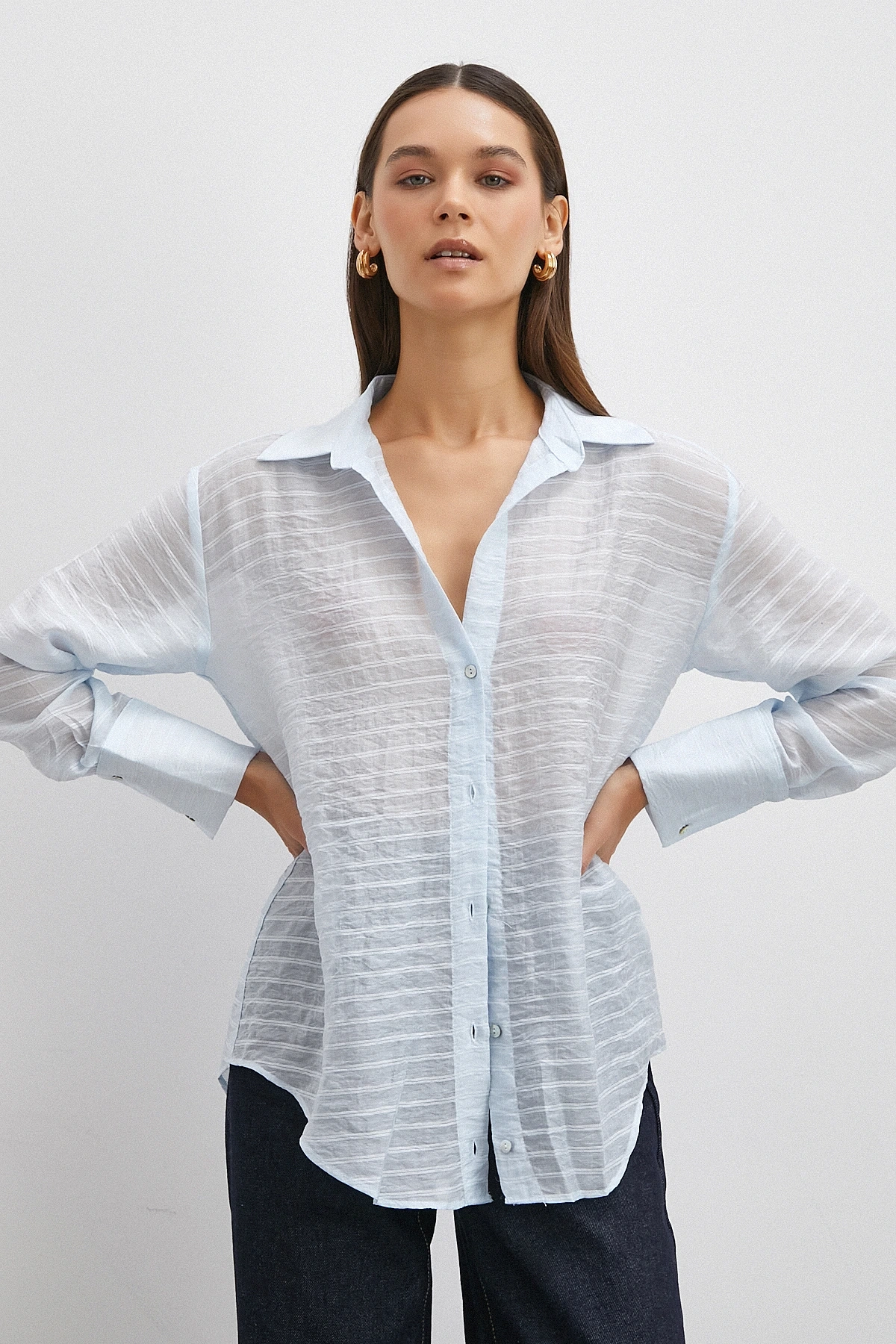 Kabartma Çizgili Gömlek Mavi