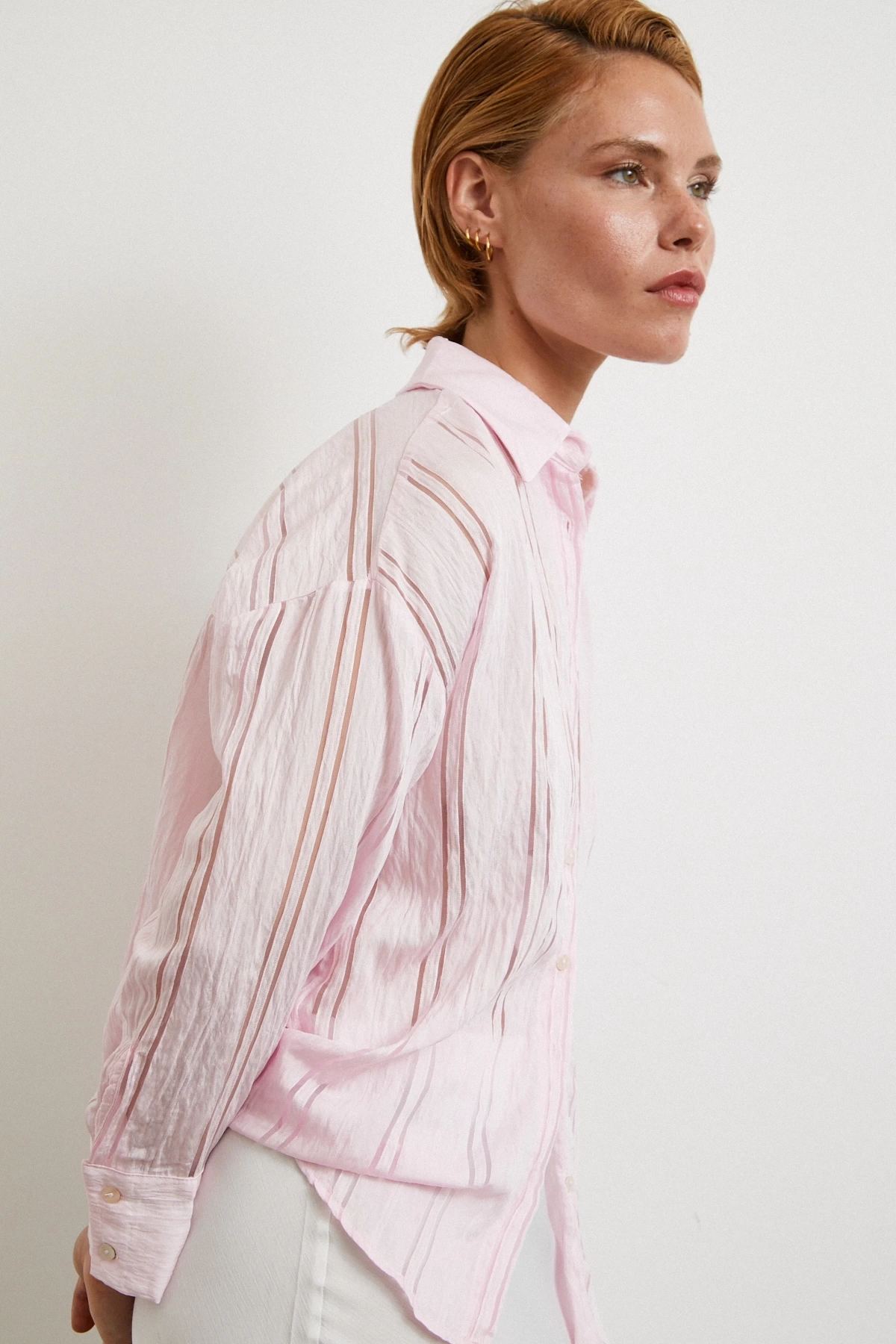 Organze Çizgili Gömlek Pembe